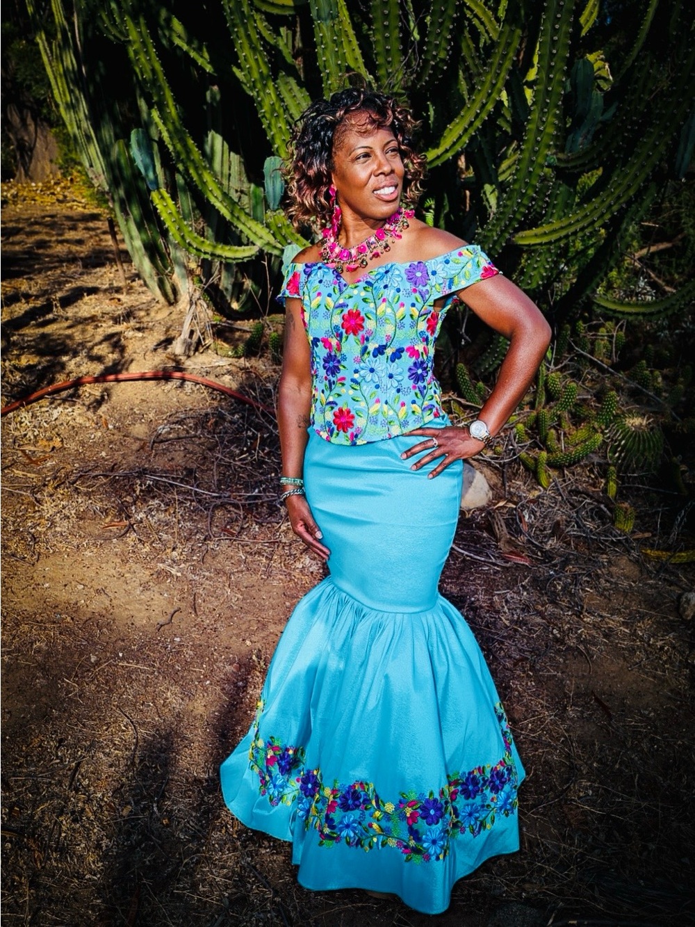 Turquoise Floral Off-Shoulder A-Line Dress
